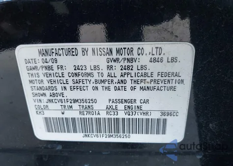 2009 Infiniti G37X from USA, damaged, VIN JNKCV61F29M356250